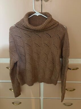 Pink Rose Openwork Cable Turtleneck Sweater - Brown